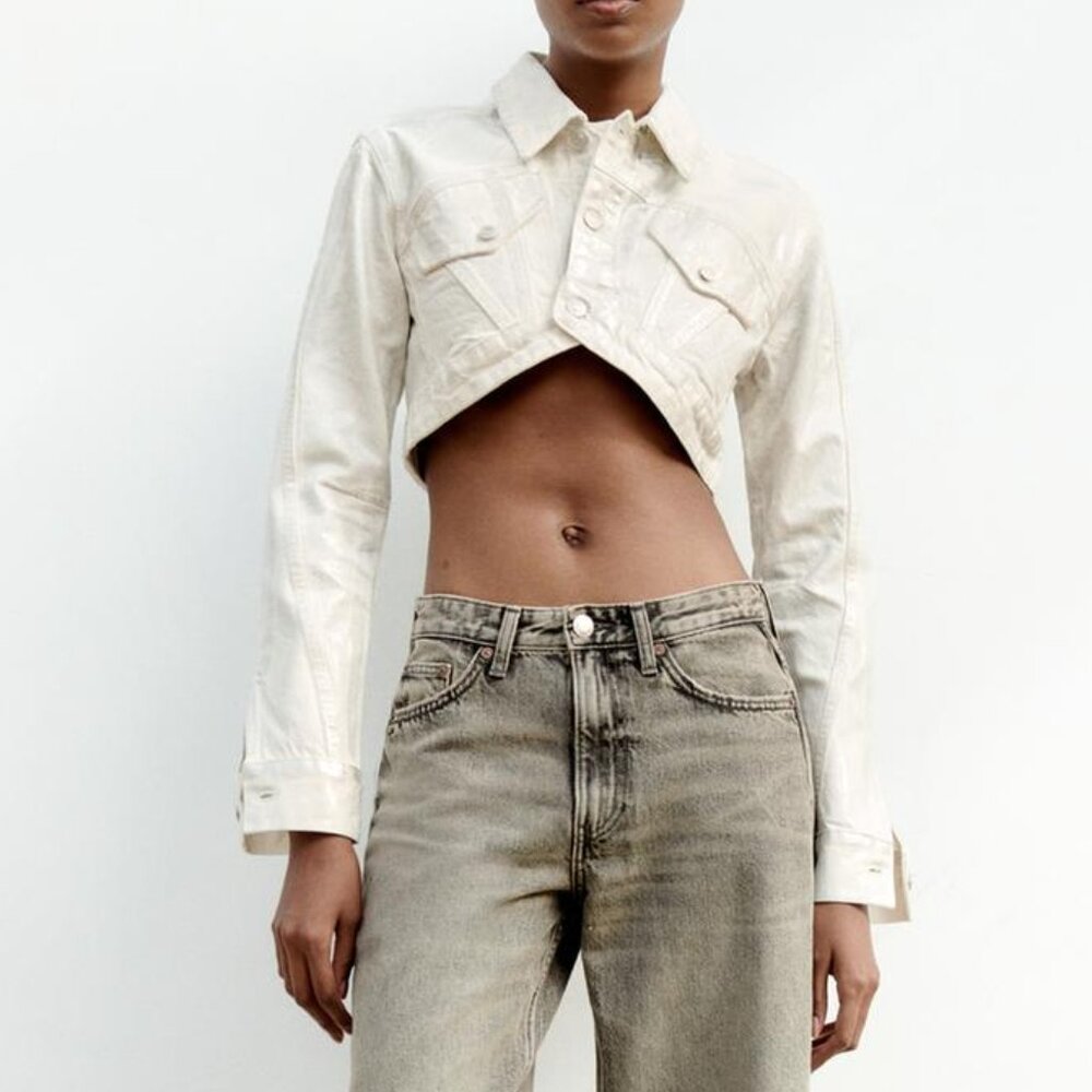 Zara White Silver Metallic Cropped Denim Jacket